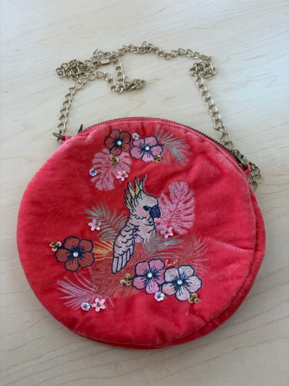 Embroidered Coral Velvet Round Crossbody Bag with Gold Chain